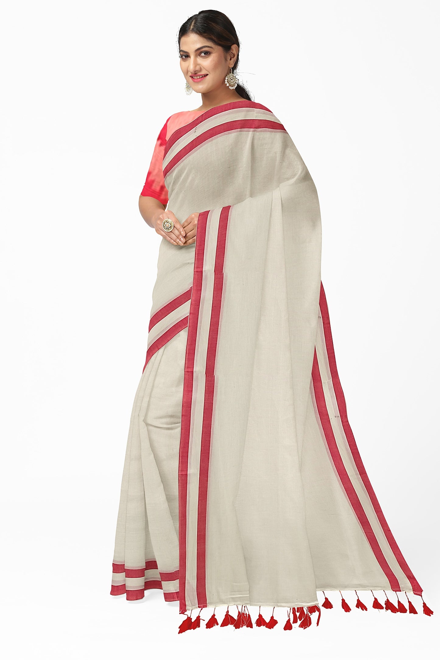 White & Red Handloom Soft Mull Cotton Saree