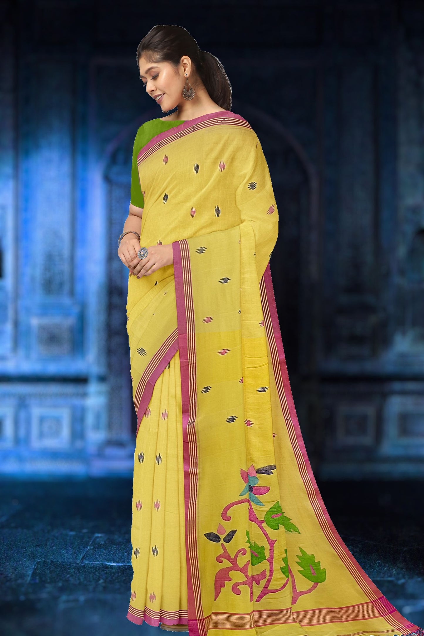 Yellow & Pink Handloom Soft Handwoven Cotton Jamdani Saree