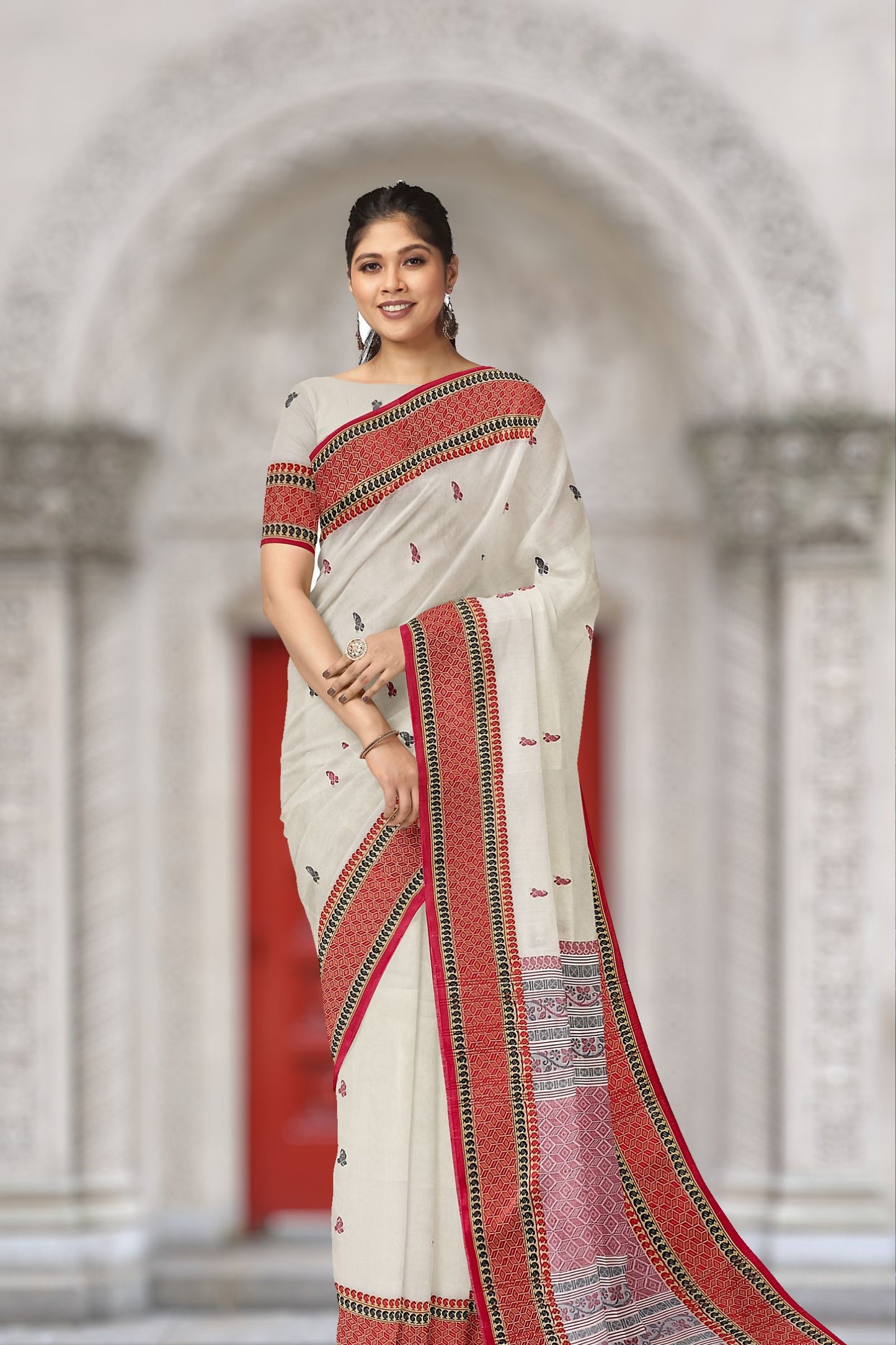 Off-White, Traditional Design Bengal Soft  Handloom Cotton Saree