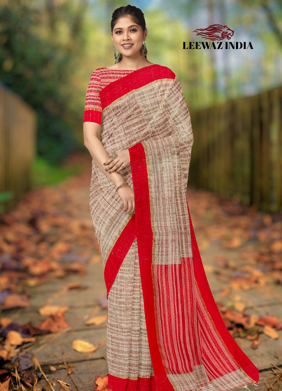 Handloom Tussar Silk sarees with a stunning Bright Red Contrast Borde