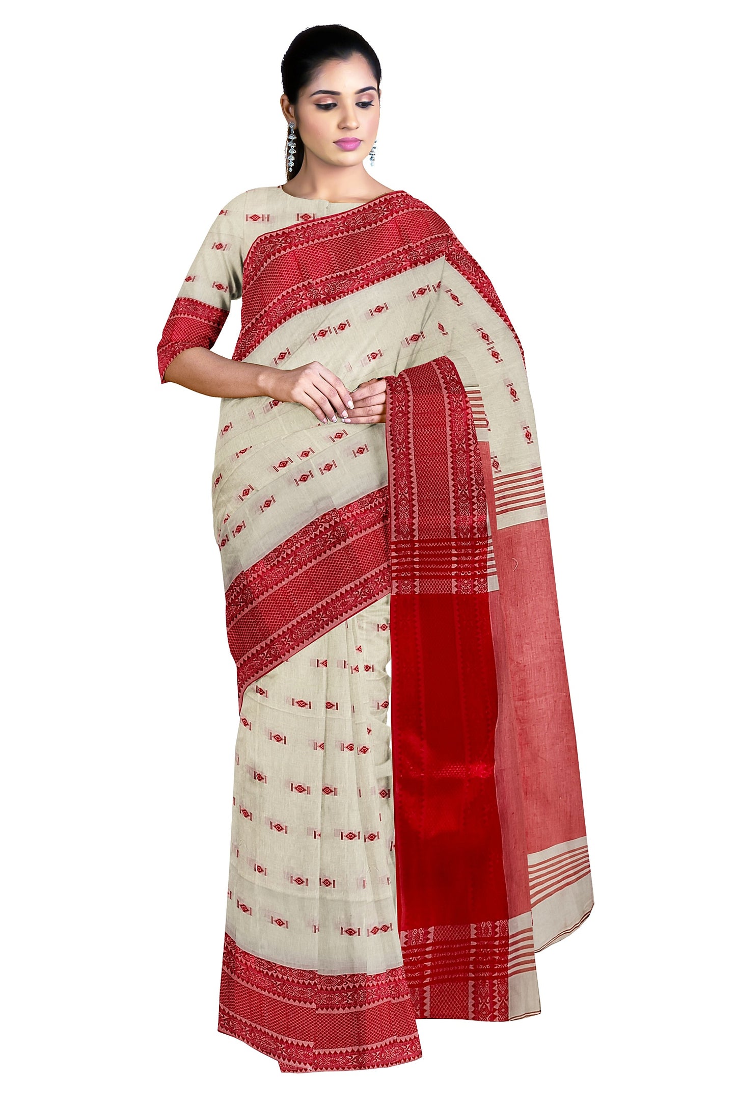 White & Red Fine Quality Handloom Cotton Saree