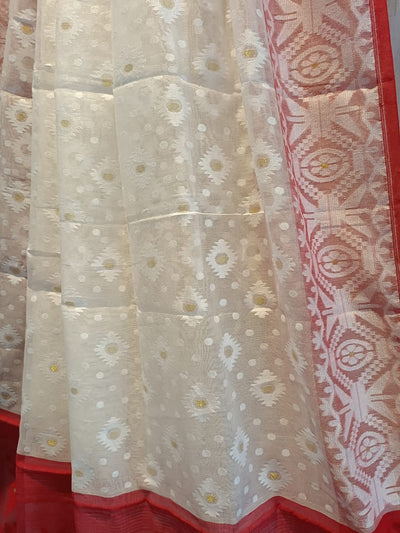 White & Red Handloom Jacquard Weave Dhakai Jmadni Saree (Silk/Cotton)