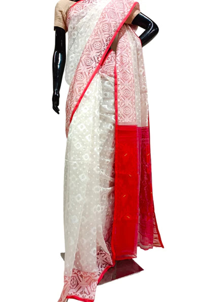 White & Red Handloom Jacquard Weave Dhakai Jmadni Saree (Silk/Cotton)