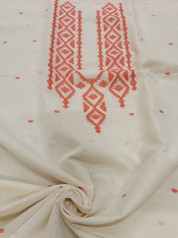 White & Orange Handloom Handwoven Jamdani Unisex Unstitched Kurta