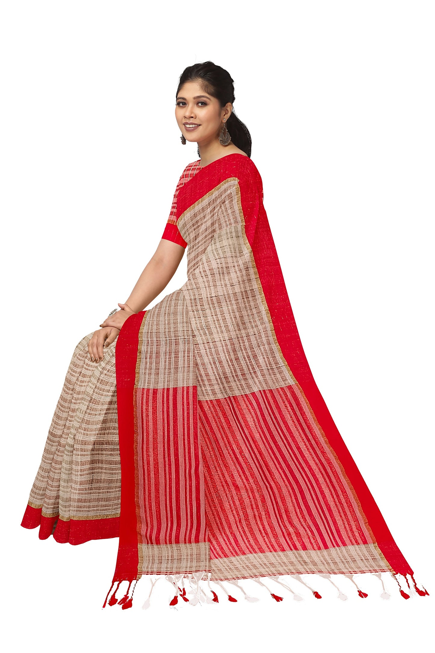 Handloom Tussar Silk sarees with a stunning Bright Red Contrast Borde