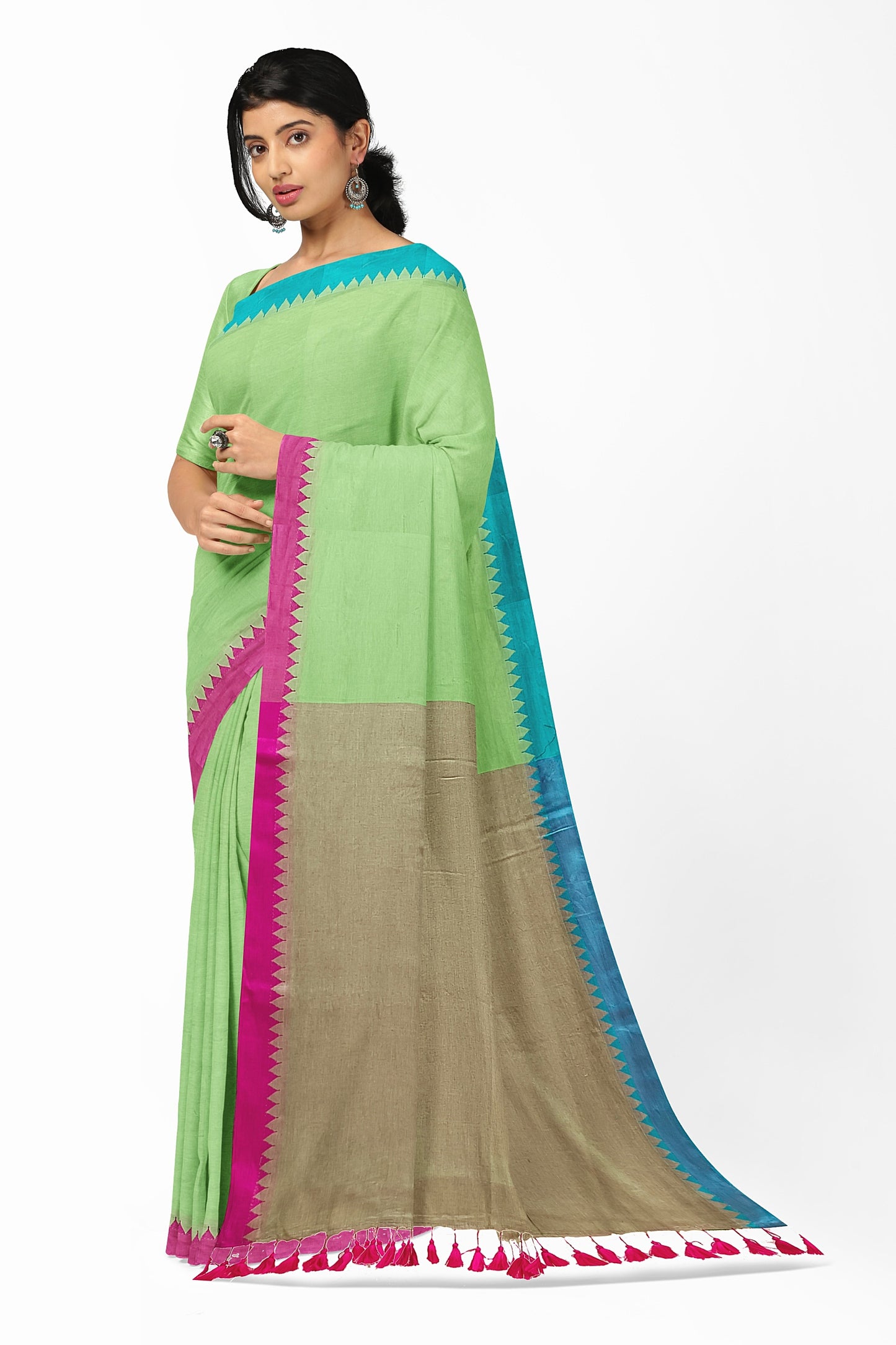 Green Handloom Soft Cotton Saree With Ganga Jamuna Border