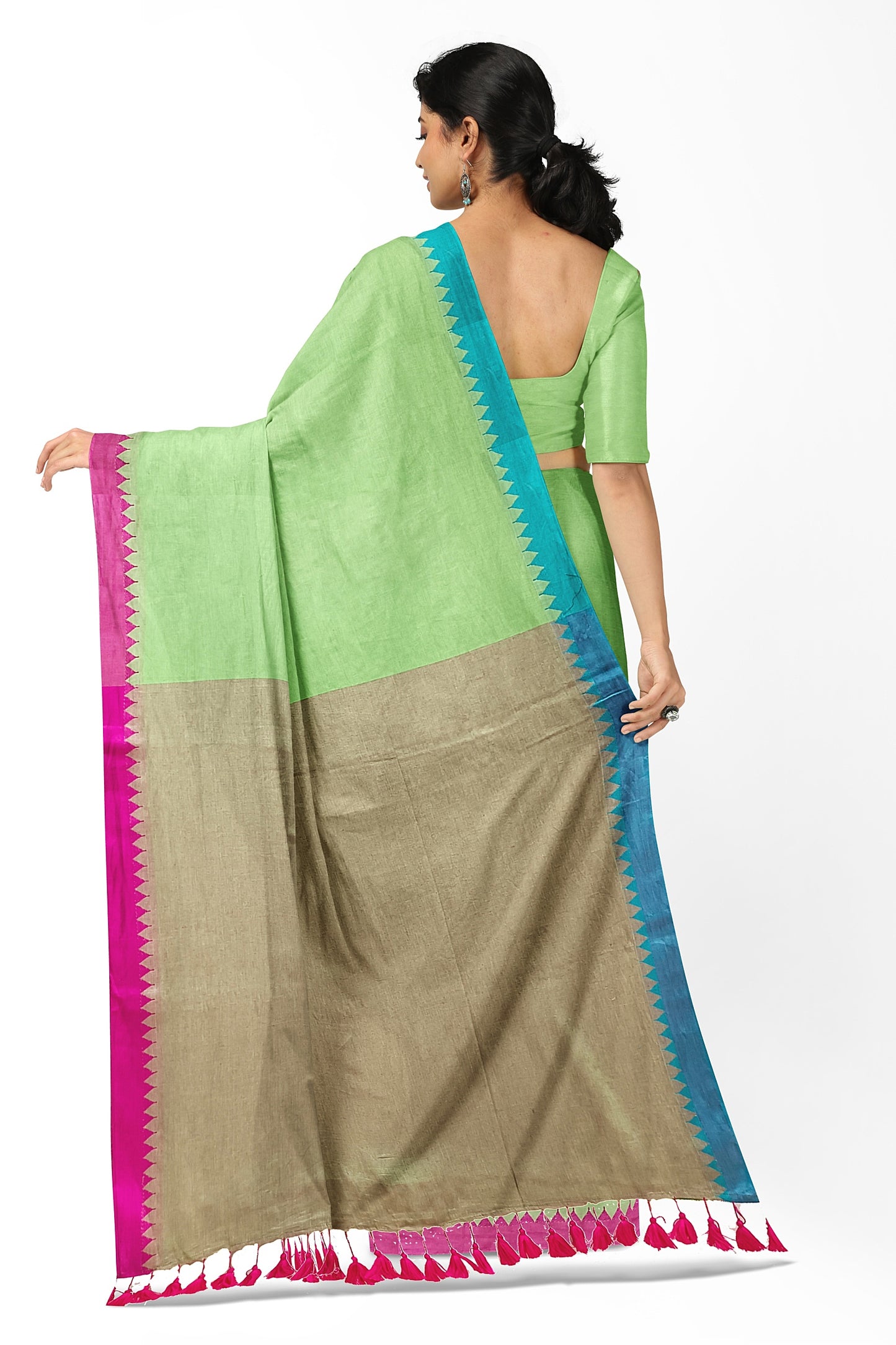 Green Handloom Soft Cotton Saree With Ganga Jamuna Border
