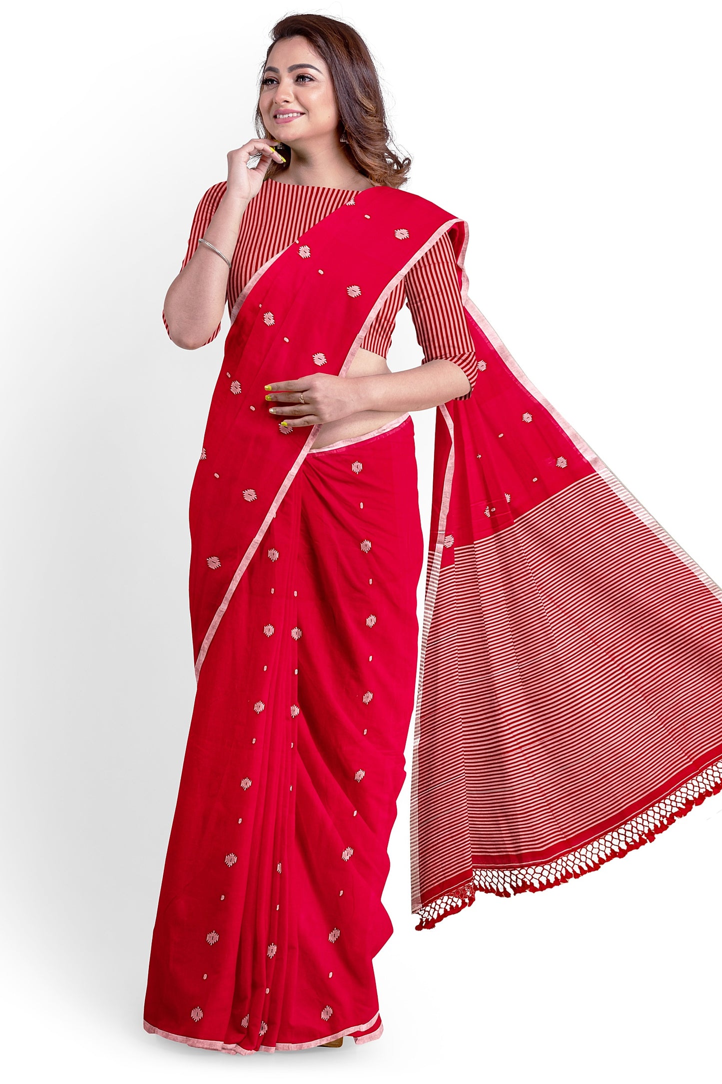 (RED) Super Soft Handloom Mull Cotton Jamdani Saree