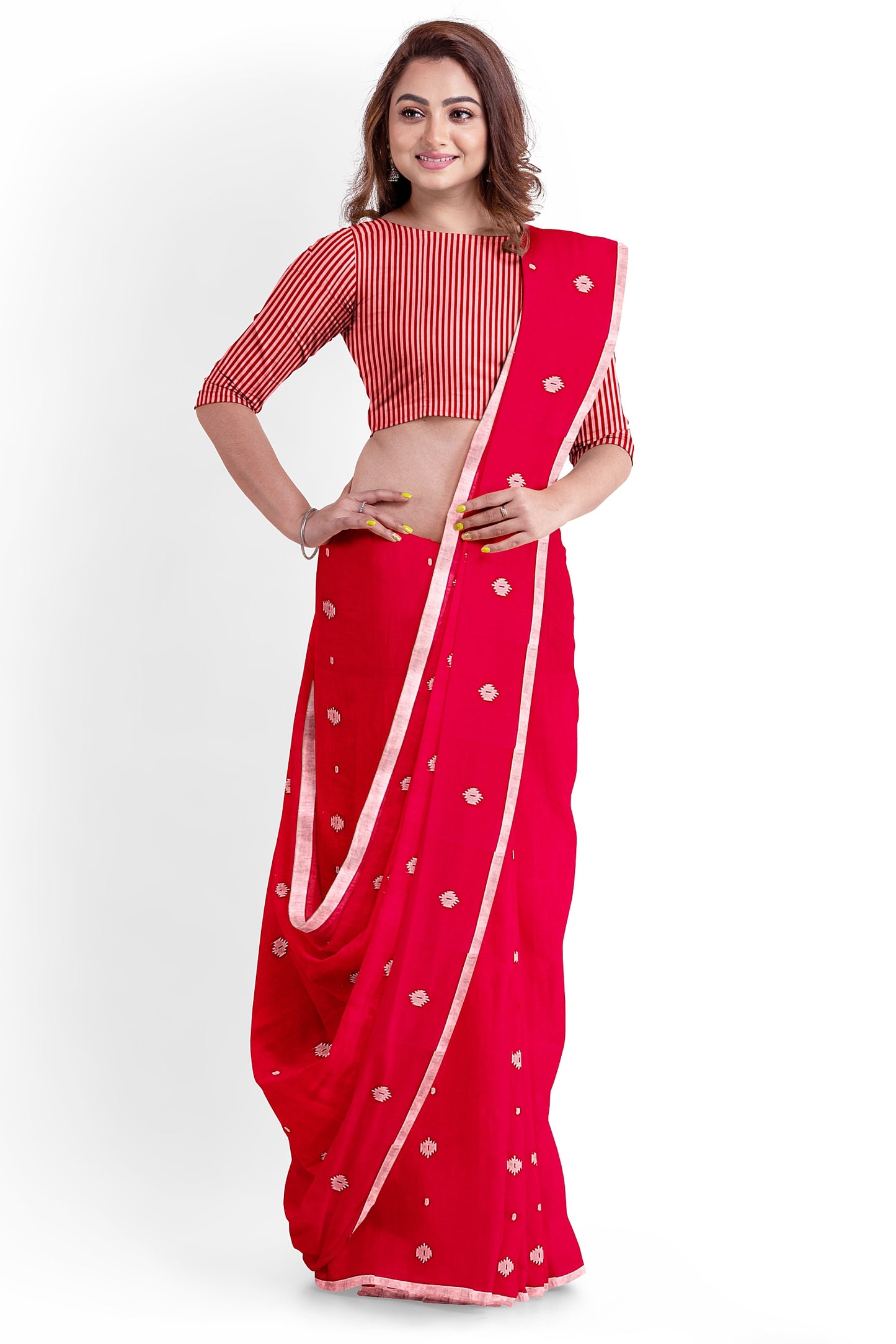 (RED) Super Soft Handloom Mull Cotton Jamdani Saree