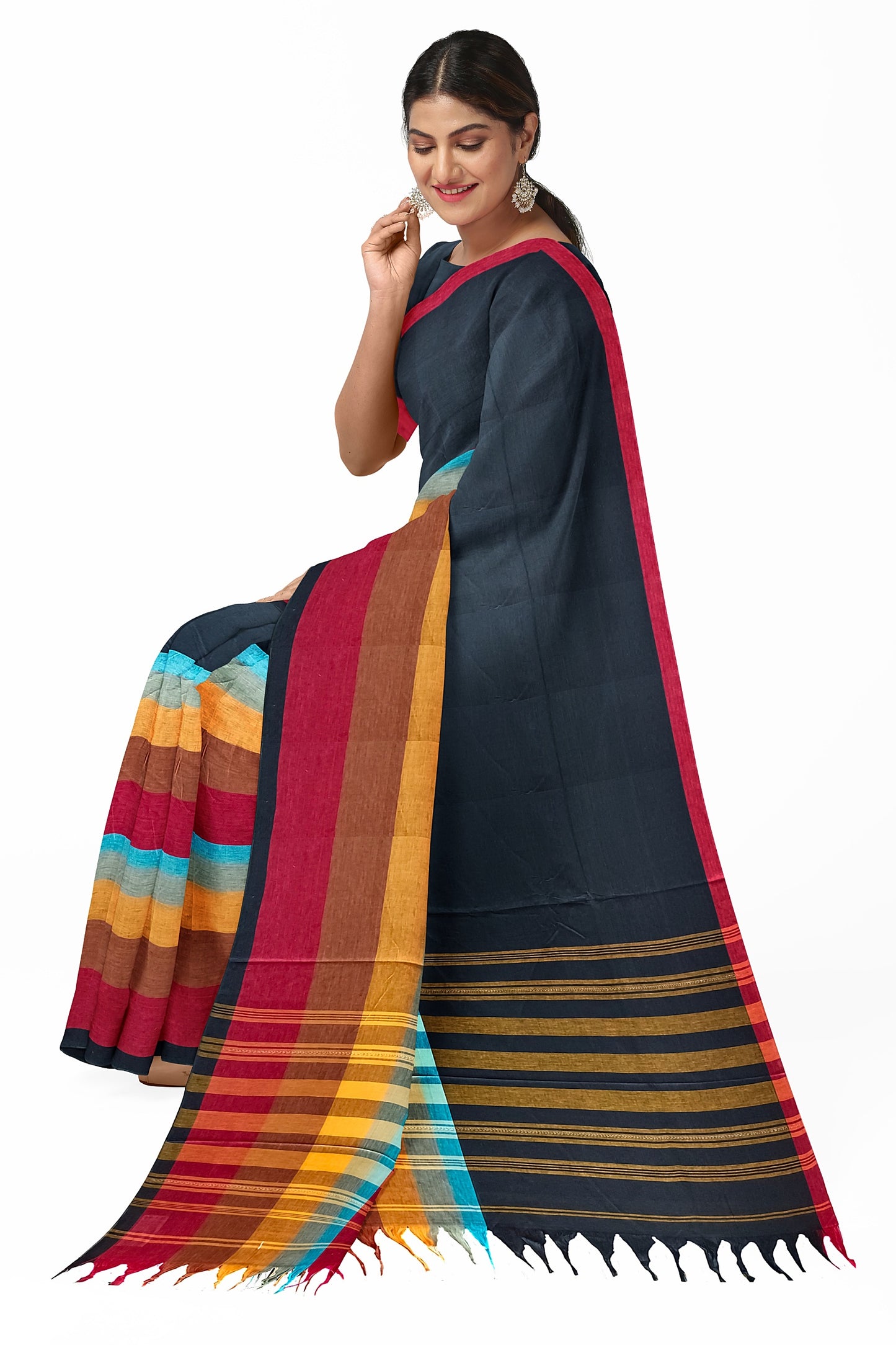 Black Multicolor Border | Traditional  Handloom Dhonekali Cotton Saree