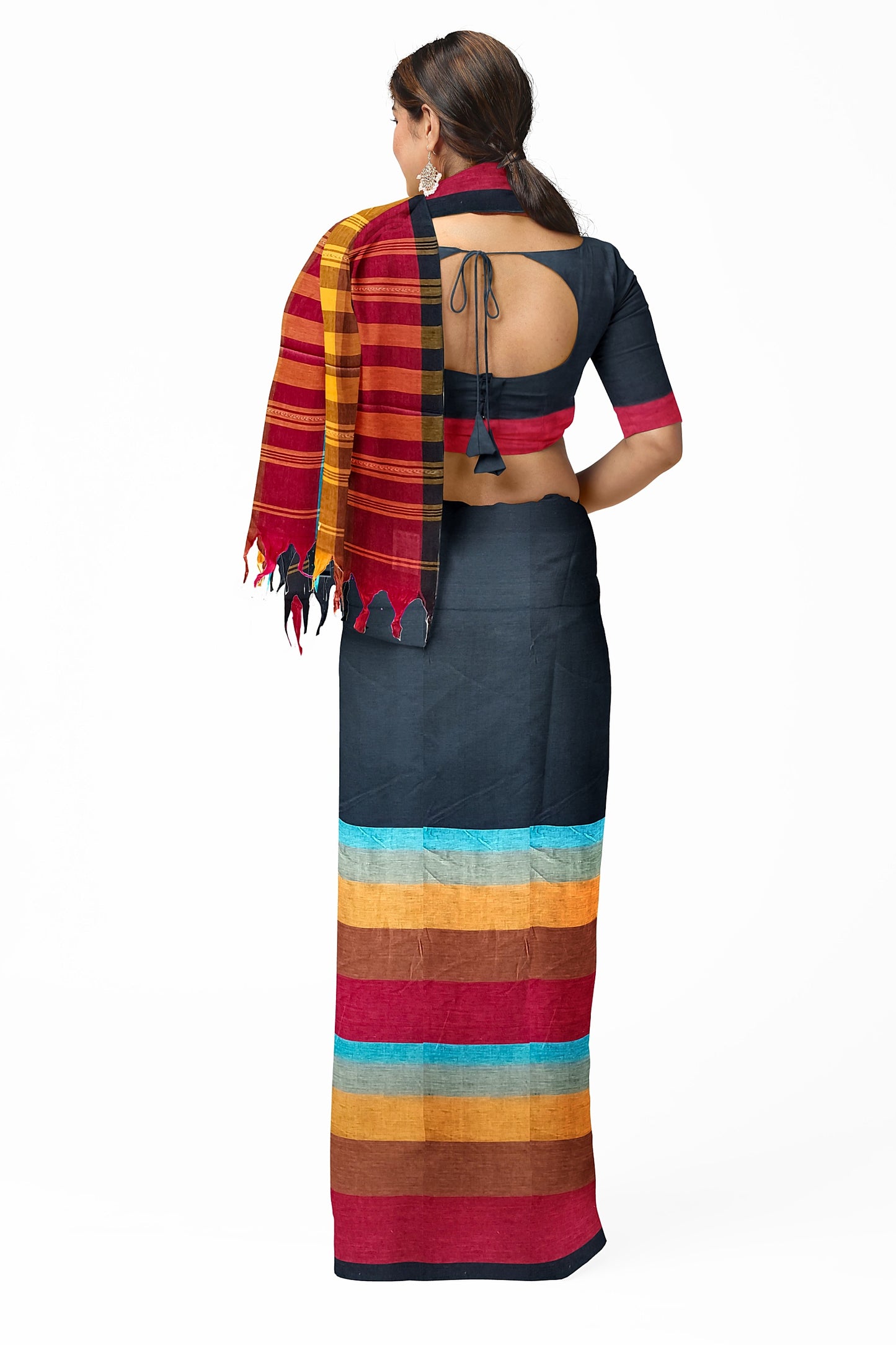 Black Multicolor Border | Traditional  Handloom Dhonekali Cotton Saree